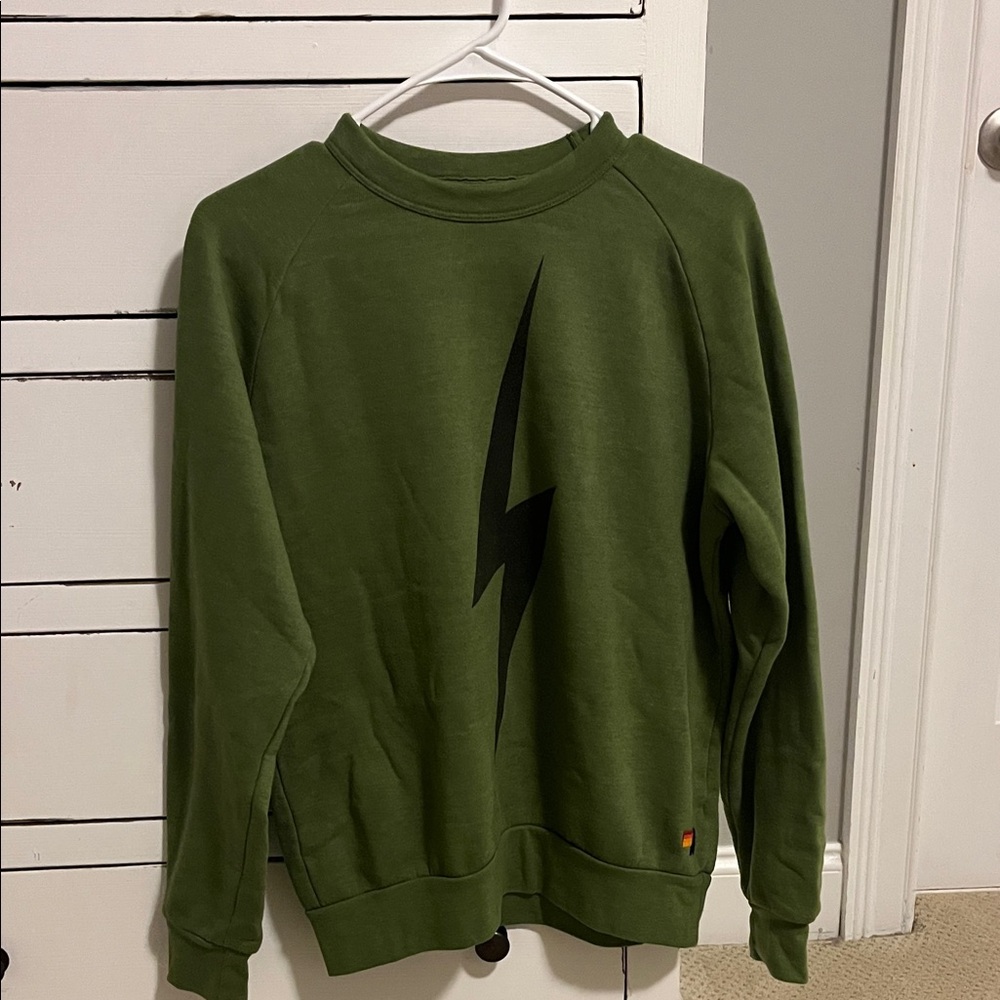 Aviator Nation Olive Crewneck with Black Lightning Bolt